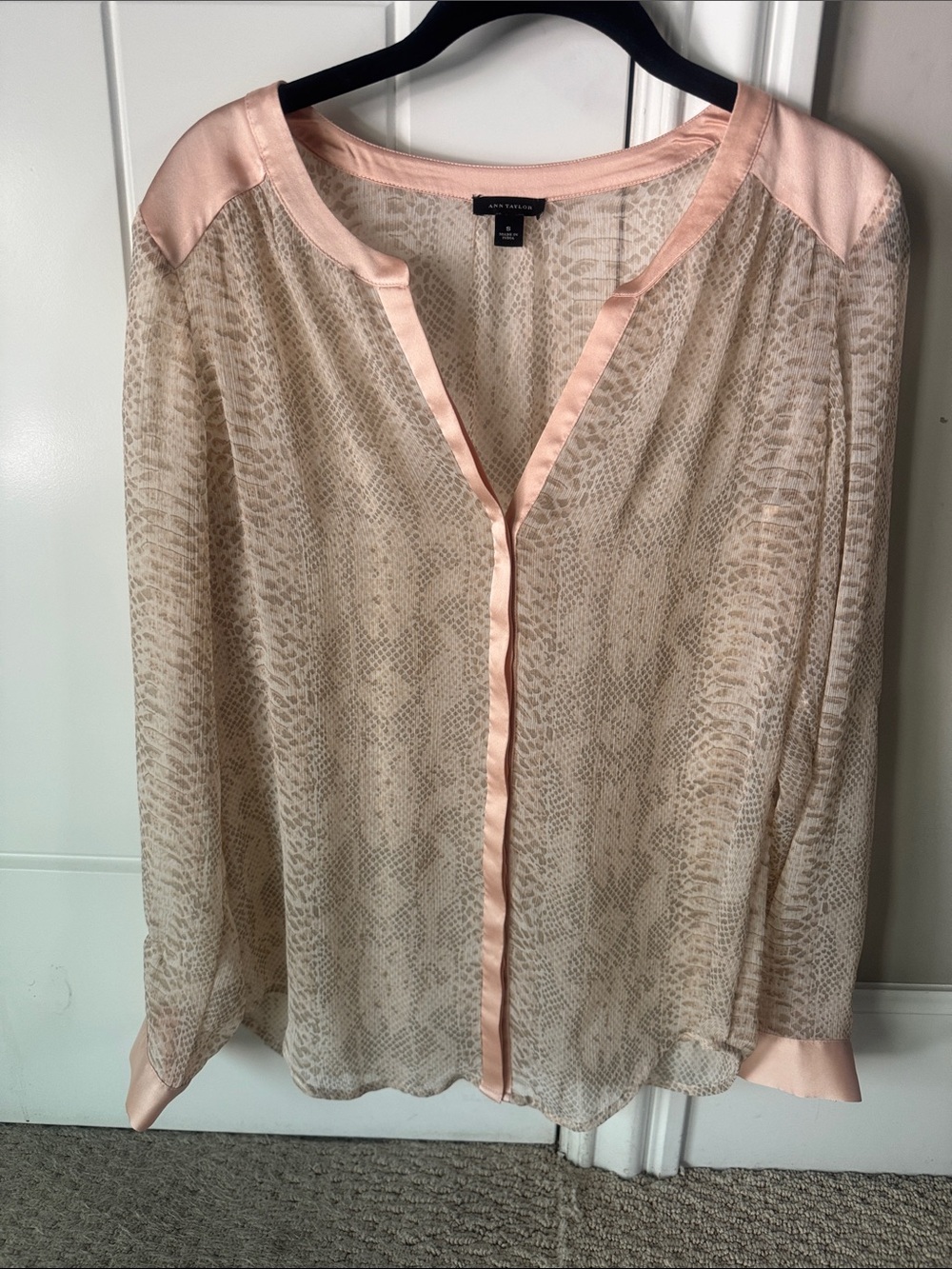Ann Taylor Neutral Snake-Print Blouse with Blush Trim in size small